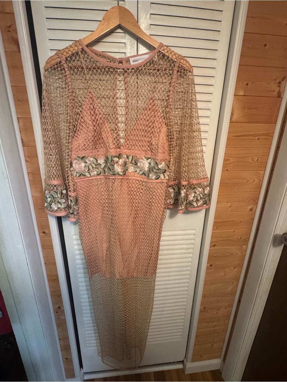Alice McCall Peach Crochet Overlay Midi Dress with Floral Trim